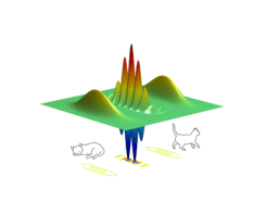 Conceptual illustration showing interference fringes between a "dead" state (represented by a cat lying down) and a "live" state (represented by a cat walking away)
