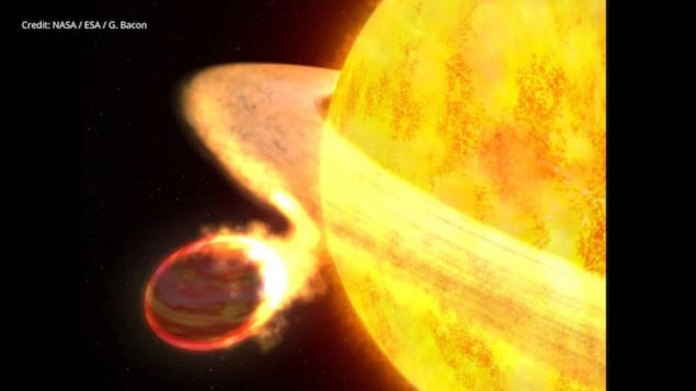 Artist's conception of the exoplanet WASP-12b. The exoplanet appears as a small sphere glowing red-hot, very close to a large yellow star