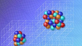 Image showing three clusters of spheres, representing nucleons, within a 3D grid