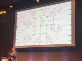 Photo of Christopher Eichler giving a talk in a large conference hall in front of a slide depicting quantum circuits