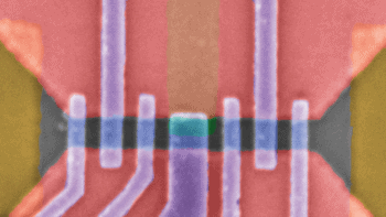 Scanning electron micrograph image showing wires and the location of the two quantum dots used in the experiment