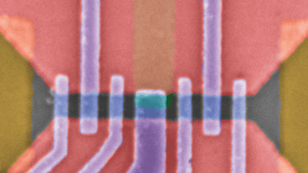 Majorana nanodevice Scanning electron micrograph image showing wires and the location of the two quantum dots used in the experiment