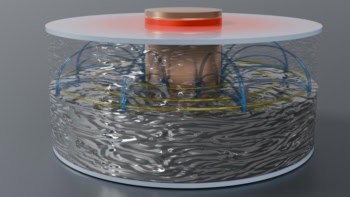 Schematic image of the experiment showing a transparent layer of gallium stacked atop a silvery layer of mercury around a spool-like device, with poloidal currents (represented by blue lines) looping around the material and magnetic field lines (yellow) running along the interface.