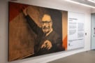 Large photo of Abdus Salam at the entrance the main library at Imperial College