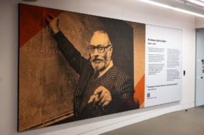 Large photo of Abdus Salam at the entrance the main library at Imperial College