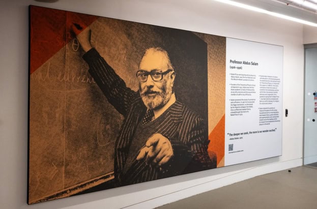 Large photo of Abdus Salam at the entrance the main library at Imperial College