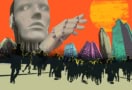 Collage styled urban graphic for Artificial Intelligence concept. Large robotic figure looms over crowd of silhouetted people