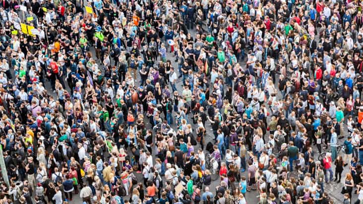 Aerial photo of a crowd of people in Frankfurt, Germany