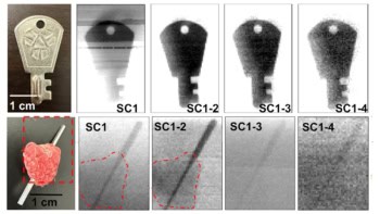 X-ray images of a key and a raspberry with a needle