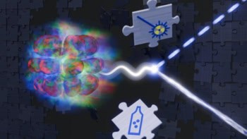 Image showing a neutron (represented by a glowing ball of rainbow-coloured spheres) decaying (represented by a partial Feynman diagram for a decay into a proton, electron and antineutrino via the weak force). Puzzle pieces labelled with a neutron bottle and a neutron beam float nearby against a black background containing more puzzle pieces