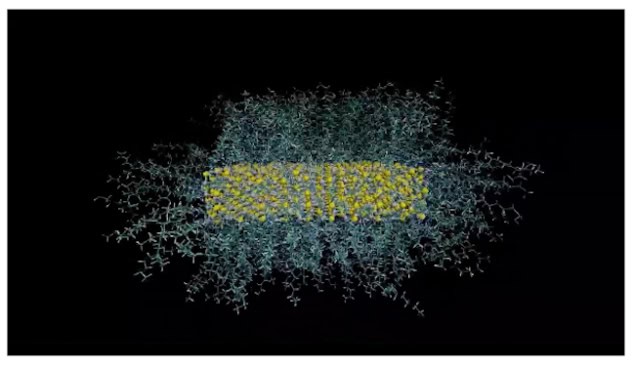 nanoplatelets A nanoplatelet, shown as a yellow block of material, with hundreds of blue, worm-like ligand structures attached to its surface