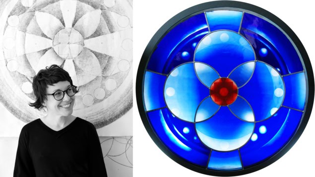 Black and white photo of a woman in an art studio; and colour photo of a round stained glass artwork