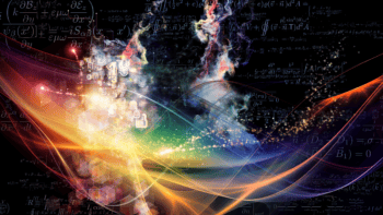 Abstract representation of coloured light, dust and physics equations