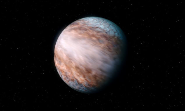 Supersonic winds on WASP-127b Artist’s impression of supersonic winds on WASP-127b. The image shows a Jupiter-like gas giant planet with clouds that are blue-grey at the poles, reddish at medium latitudes, and white and windblown near the equator