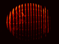 Image showing a sphere made up of slices. The sphere's north pole that pointed towards the camera is located at the leftmost rim. The meridians connecting both poles are visible as brighter dots. Closer inspection shows that the horizontal north-south axis is 11% longer than the vertical (equatorial) diameter. This effect is an artifact caused by the necessary tilt of the Lorentz-contracted sphere relative to the light source to ensure proper illumina- tion. The meridians appear discontinuous because they are almost in line of sight seen from the camera.