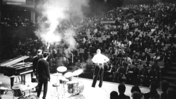 A pistol is fired to test the acoustics at the Royal Festival Hall in London in 1951