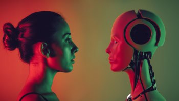 Robot and woman face to face