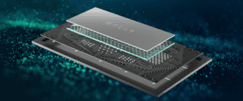 Schematic diagram of the Zuchongzhi-3 chip showing four layers. The top layer is silver and has the chip's name written on it in Chinese characters. Below it is a layer that resembles neon turquoise mesh. The third layer is a circuit board. The bottom layer is a silvery substrate.