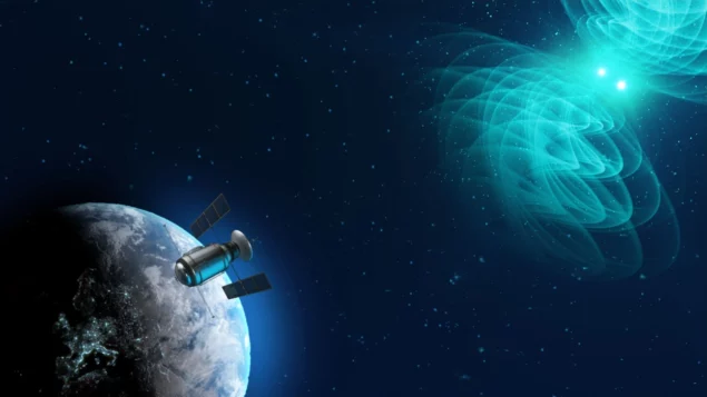 Neural network deciphers gravitational waves Artist's impression of the gravitational wave and electromagnetic radiation signals from a distant binary neutron star merger arriving at Earth. The image shows the Earth floating in space with a telescope hovering above it in the bottom left corner, while in the top right corner a pair of bright spots are emitting ghostly blue waves