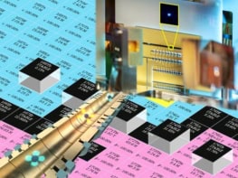 Composite image showing photos of PTB's ion traps and the PENTATRAP Penning trap mass spectrometer at MPIK in Heidelberg superimposed over a grid of blue, black and pink squares labelled with the name and mass number of different isotopes. Some of the black squares are raised, and these are the ytterbium isotopes the team studied