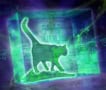 Artist's illustration of a quantum Schrodinger's cat inside a box, with the box and background mostly a cool blue colour and the cat and some of its surroundings a hotter neon green. The box is made from circuitry and parts of the cat glow brightly, as if part of a heat map.