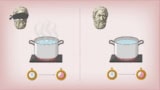 Illustration of two pots of water being heated. One is next to a blindfolded Zeno and is boiling. The other is watched by Zeno and is not boiling