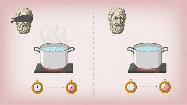 Illustration of two pots of water being heated. One is next to a blindfolded Zeno and is boiling. The other is watched by Zeno and is not boiling