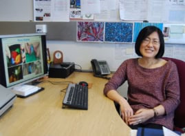 Asian woman wearing glasses sat at a desk with a computer monitor showing plastic displays