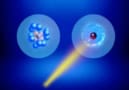 Diagram showing a molecule of methane (1 carbon and four hydrogen atoms) surrounded by several hydrogen molecules, all depicted as ball-and-stick models. The molecules are within a blue circle, representing the helium nanodroplet. On the right, a second diagram shows the same system, but with a laser light shining on it, and depicting the methane molecule as a ruby-red droplet surrounded by a frozen-looking liquid.