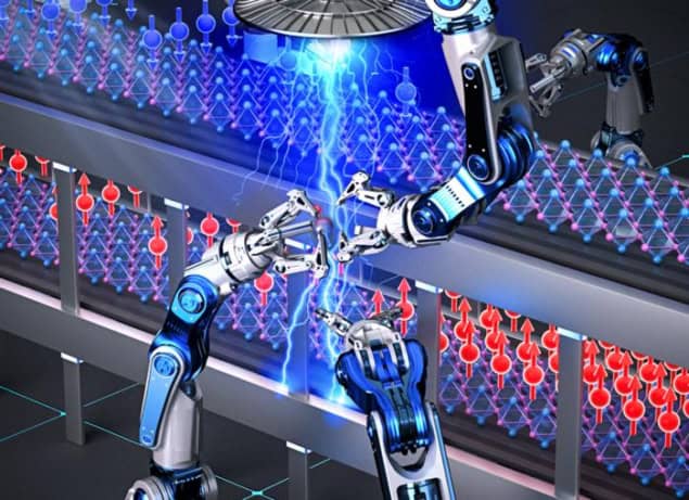 altermagnetism Artist's image showing robot arms controlling a group of spins (represented by an array of red arrows all pointing up) that are sandwiched between two layers of CrS material (represented by ball-and-stick models). A blue lightning-like line in the middle represents electric field control