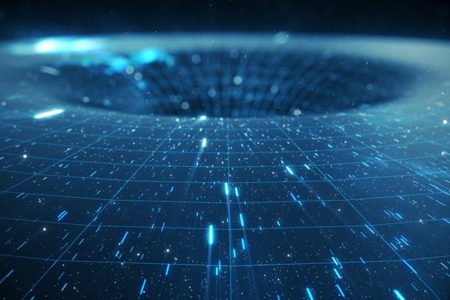Artist's image of a black hole Artist's image of a black hole, depicted as a dark dip in a blue-lit grid with light streaking towards it