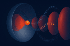 Illustration showing an orange sphere hovering in space within a dark blue hemispherical curved mirror. A standing light wave, shown in red, relects from the mirror and a stream of information, represented by 1s and 0s written in a wavelike form, radiates outward