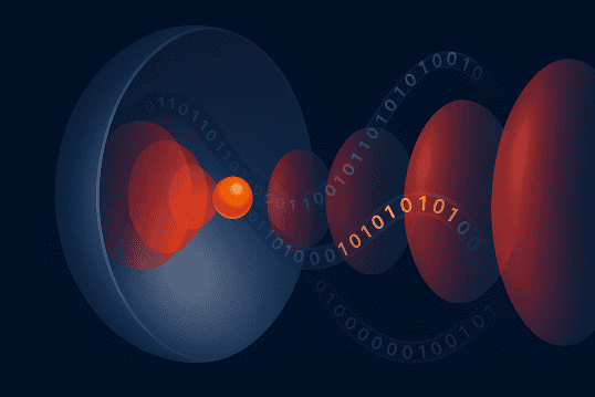 Illustration showing an orange sphere hovering in space within a dark blue hemispherical curved mirror. A standing light wave, shown in red, relects from the mirror and a stream of information, represented by 1s and 0s written in a wavelike form, radiates outward