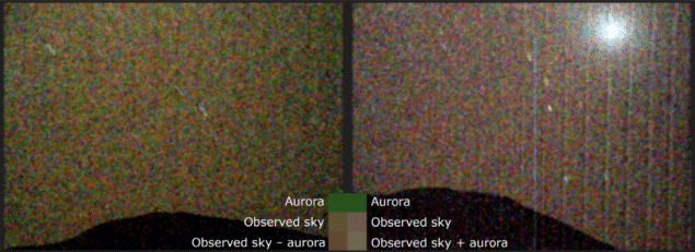 14-05-2025 mars aurora Two images of the Martian sky. The sky in the left-hand image, taken during an aurora, has a faintly greenish tinge. The sky in the right-hand image, taken on a night without an aurora, is more grey-brownish. The dark outline of Martian hills is visible in both images. The non-aurora image also contains a bright white light in the top right corner, which is the moon Deimos