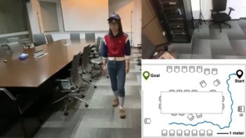 A visually impaired person navigates through a cluttered conference room