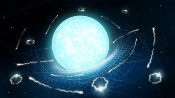 Artist's impression of a neutron star evaporating. The star is shown as a blue-white glowing ball that bends spacetime around it, and pairs of annihilating particles are shown swirling around it