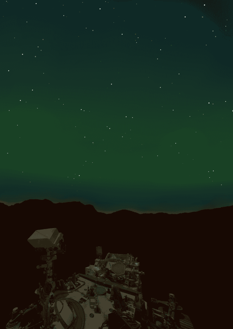 An artist's impression of what the aurora would have looked like. The image shows uneven terrain silhouetted against a greeish sky with several visible stars. The Perseverance rovers is in the foreground.