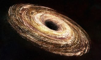 Artist's impression of a black hole showing the dark event horizon and a bright accretion disk swirling around it