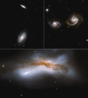 Three images of the future Milky Way and Andromeda galaxies. The top left image shows two spiral galaxies separated by a considerable distance against a backdrop of more distant stars and galaxies. The top right image shows the two galaxies coming close enough to each other for their spiral tails to nearly touch. The bottom image shows the galaxies merging in a collossal burst of light with threads of darker gas in the middle