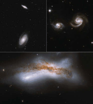Three images of the future Milky Way and Andromeda galaxies. The top left image shows two spiral galaxies separated by a considerable distance against a backdrop of more distant stars and galaxies. The top right image shows the two galaxies coming close enough to each other for their spiral tails to nearly touch. The bottom image shows the galaxies merging in a collossal burst of light with threads of darker gas in the middle