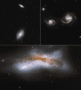 Three images of the future Milky Way and Andromeda galaxies. The top left image shows two spiral galaxies separated by a considerable distance against a backdrop of more distant stars and galaxies. The top right image shows the two galaxies coming close enough to each other for their spiral tails to nearly touch. The bottom image shows the galaxies merging in a collossal burst of light with threads of darker gas in the middle
