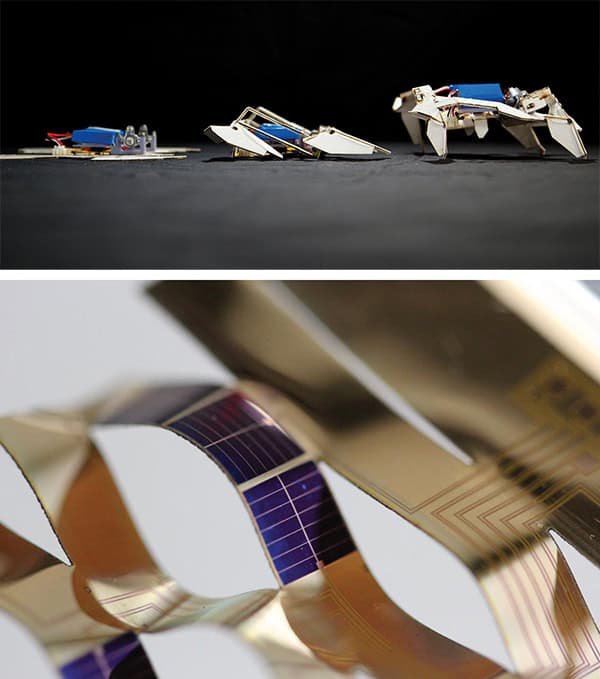 Two photos: origami robots in three positions; flexible solar cells