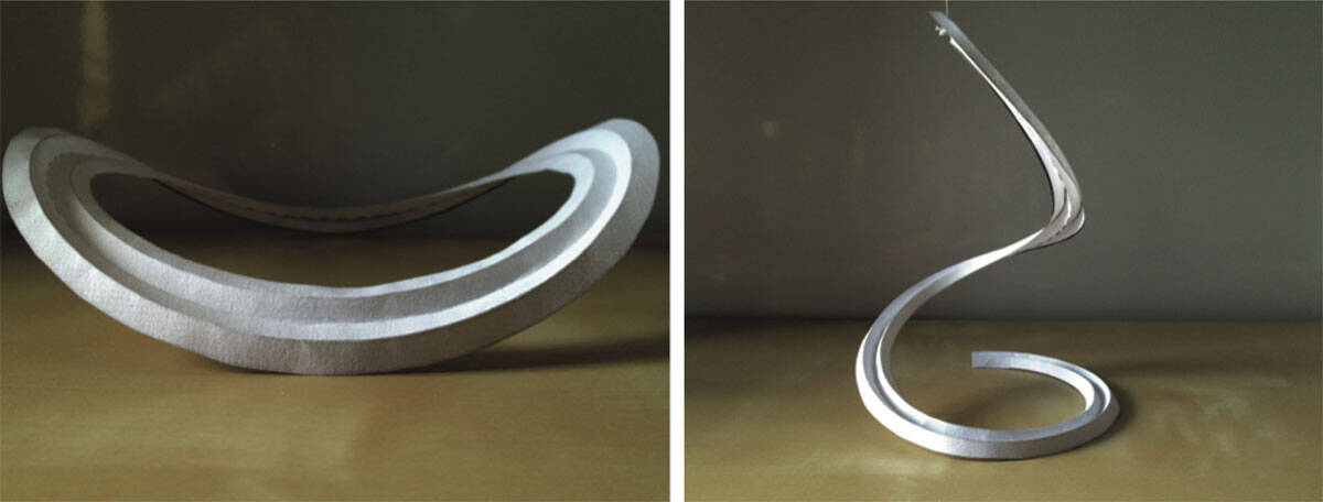 Two photos of curved 3D structures created by folding a 2D material