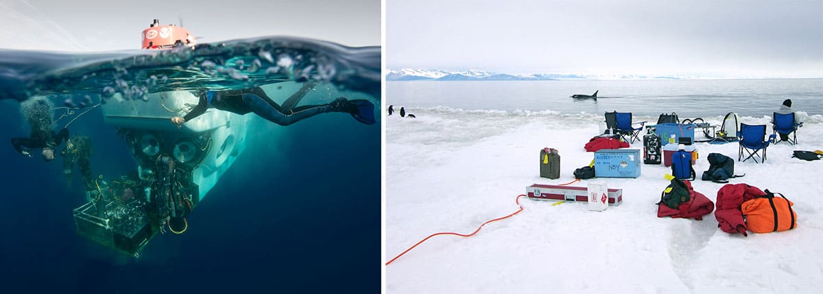 Two photos of scientific equipment: one in the ocean, one in Antarctica