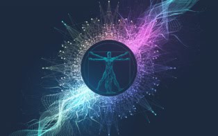 Da Vinci's Vitruvian man with an abstract tech background