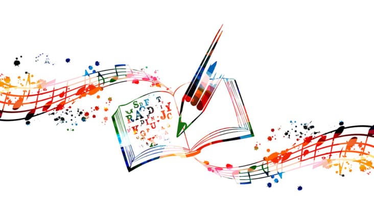 illustration of musical notes floating around a notebook and pencil
