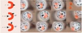 A series of images showing droplets of orange liquid separating and splitting on a grey background