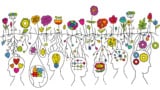 Neurodiversity represented with an illustration of human heads growing different flowers