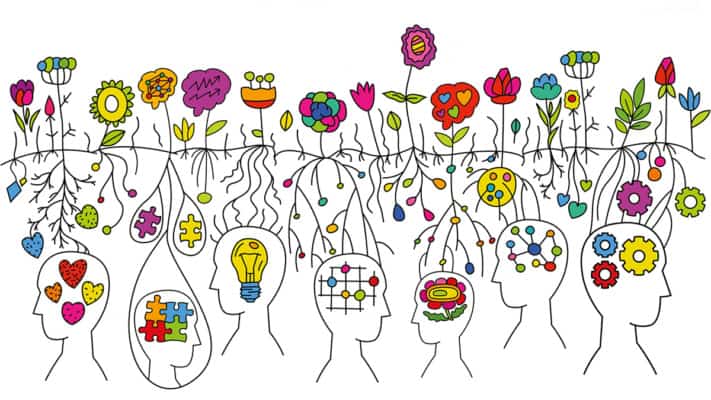 Neurodiversity represented with an illustration of human heads growing different flowers