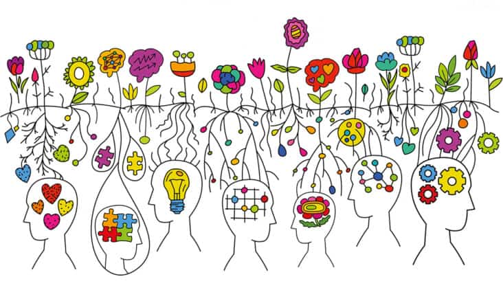 Neurodiversity represented with an illustration of human heads growing different flowers